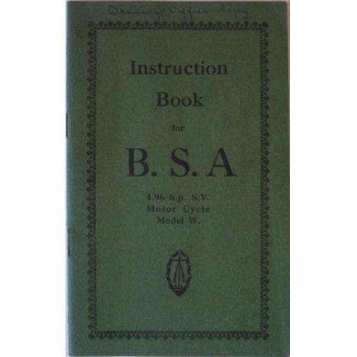 Instruction Book for BSA 4.96 HP SV Motor Cycle Model W