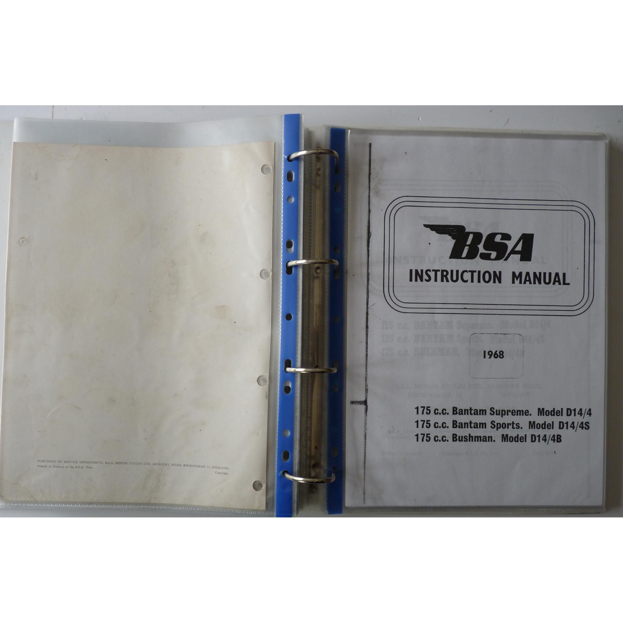 Original BSA Bantam D14/4 Manual in Ring Binder with Instruction Book