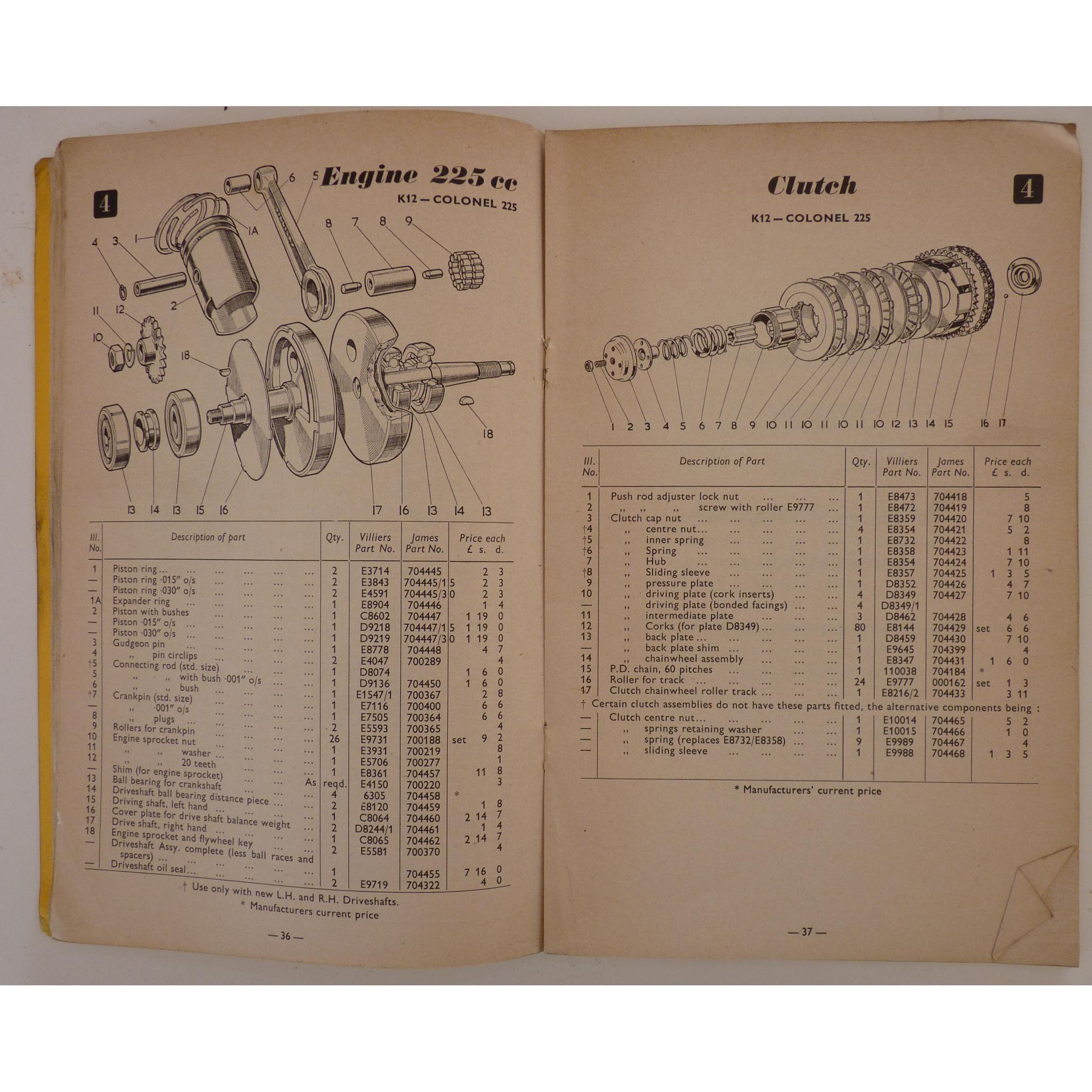 James Spare Parts List/Catalogue/Book for the 225cc Colonel Model K12