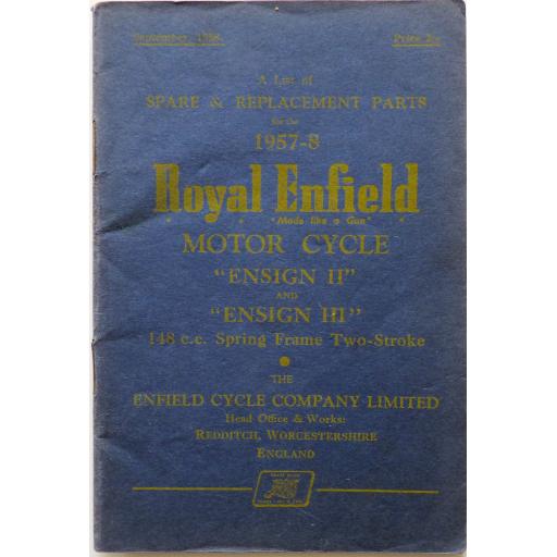 Royal Enfield Ensign II and Ensign III 1957-8 Spare and Replacement Parts List